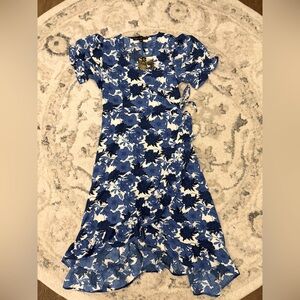 Blue and White Floral Puff Sleeve Wrap Midi Dress Size M